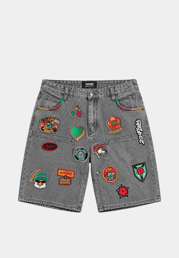 Patched Denim Short - Grey