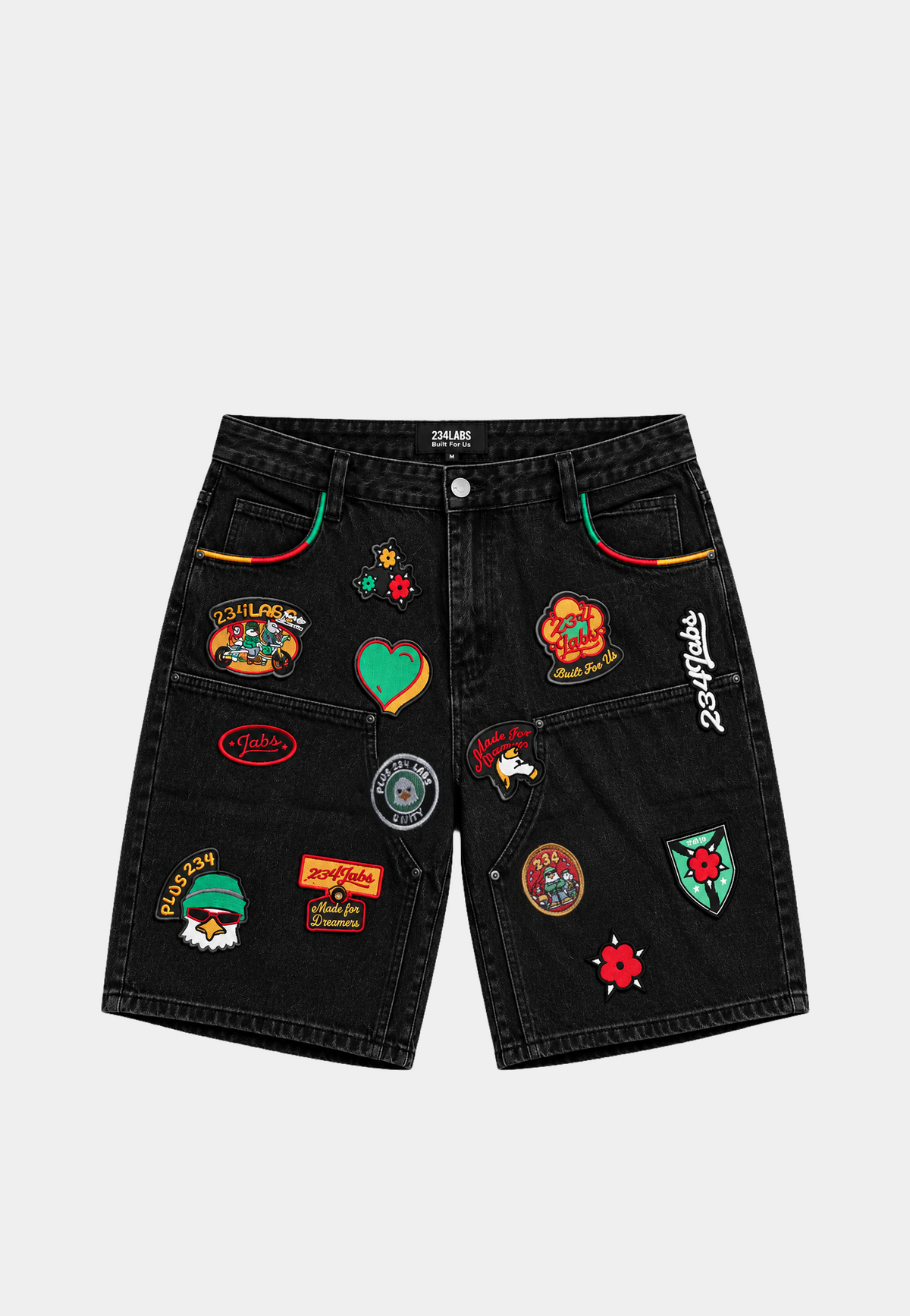 Patched Denim Shorts - Black