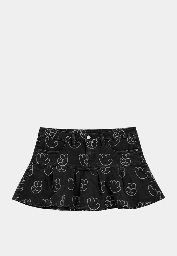 Paw-printed Denim Skirt - Black